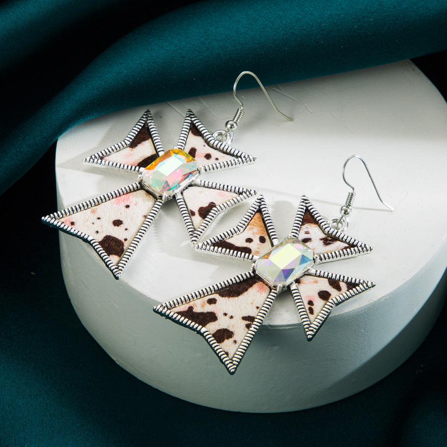 Wholesale Cross Alloy Inlaid Glass Diamond Leopard Print Leather Earrings